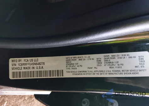 2025 Ram 1500 Big Horn 4X4 5'7 Box z USA, uszkodzony, nr VIN 1C6RRFFG4SN648278